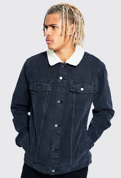 Tall Jean Jacket With Borg Collar Washed black