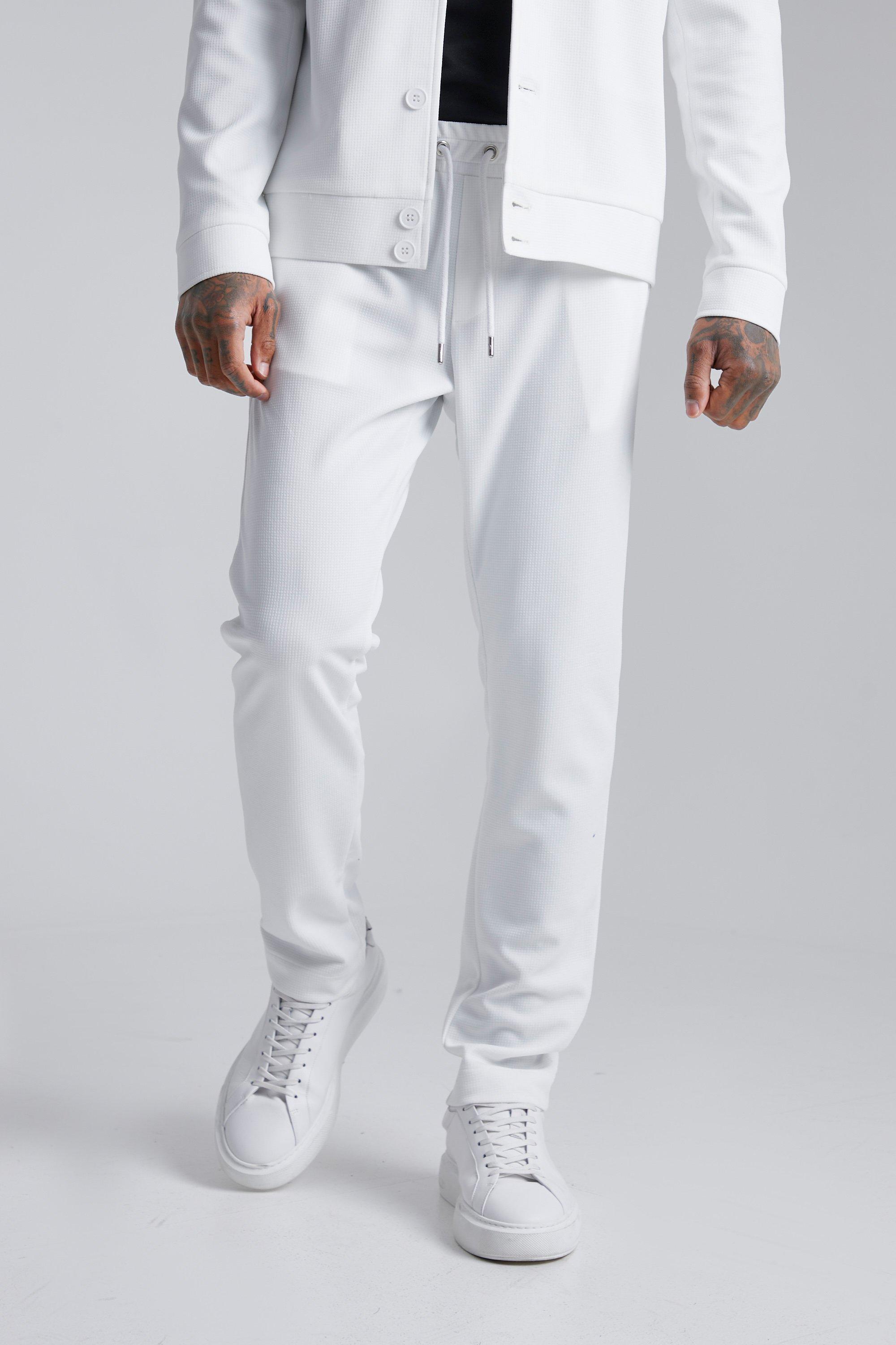 White Elastische Wafel Gebreide Skinny Fit Broek