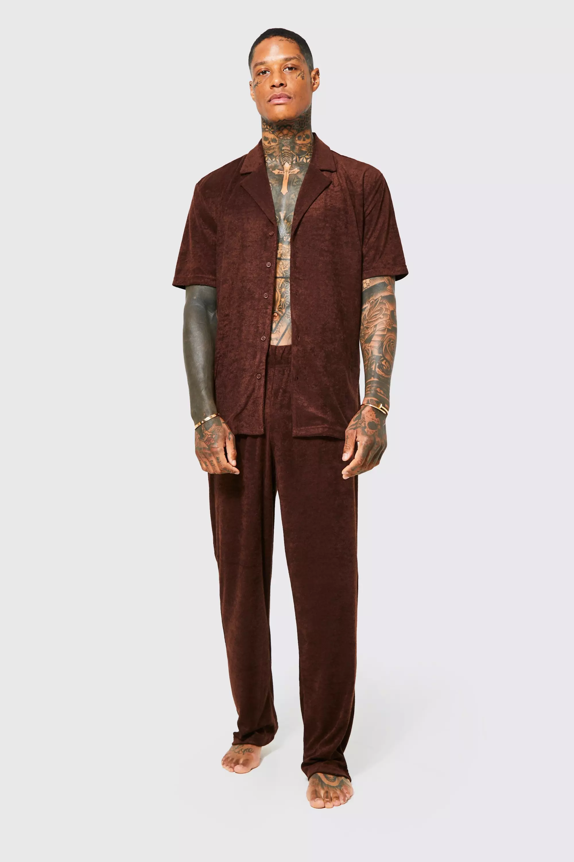 Chenille Shirt And Wide Leg Jogger Lounge Set boohooMAN AU