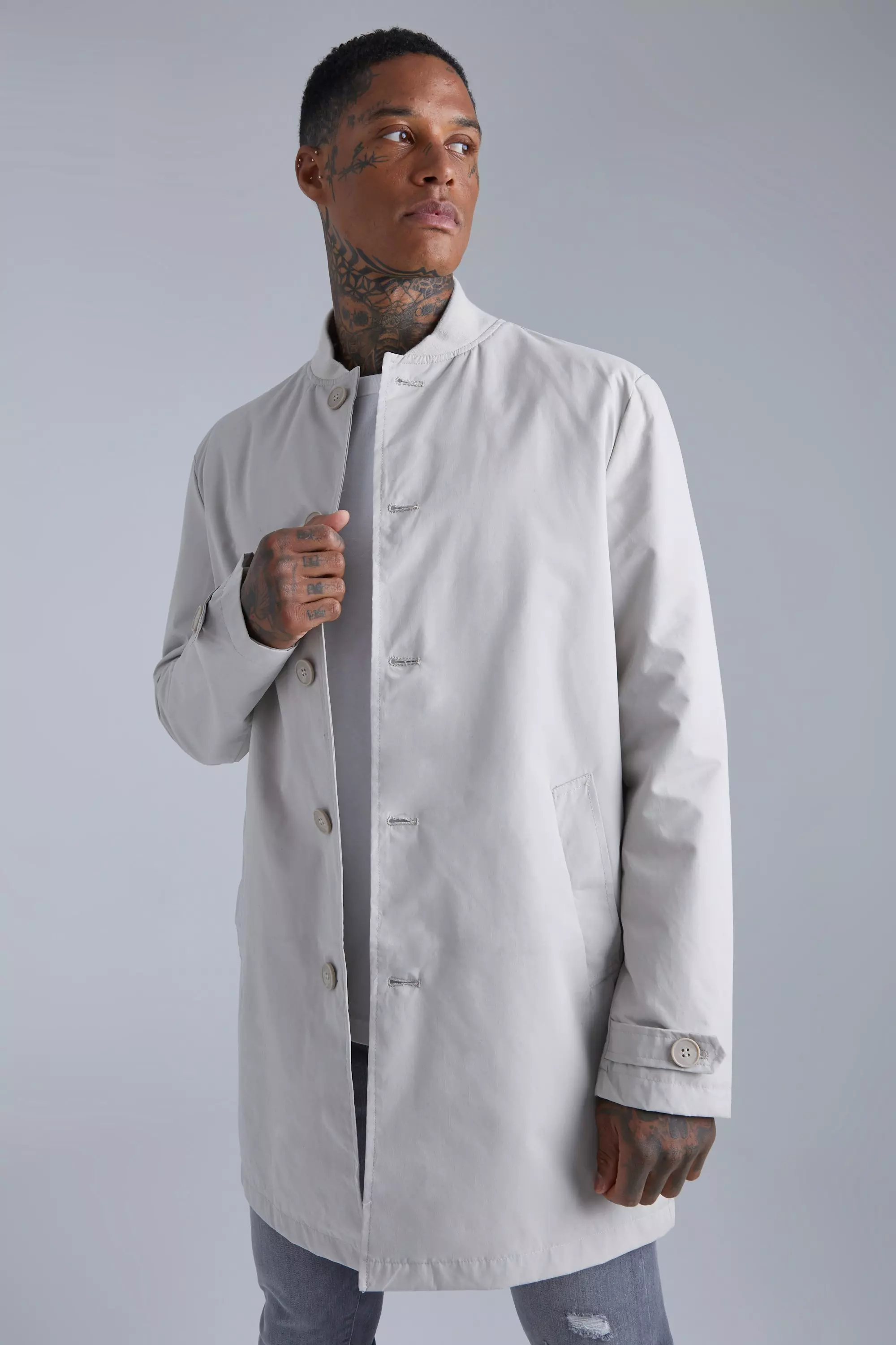 Single Breasted Raincoat With Bomber Collar Stone