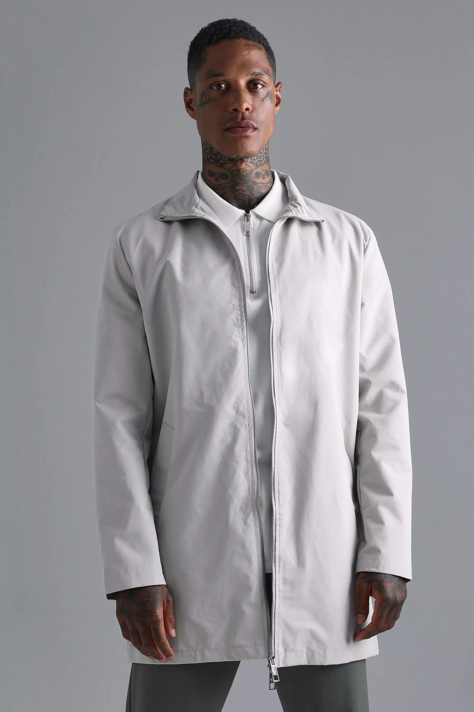 Funnel Neck Raincoat With Double Ended Zip Stone
