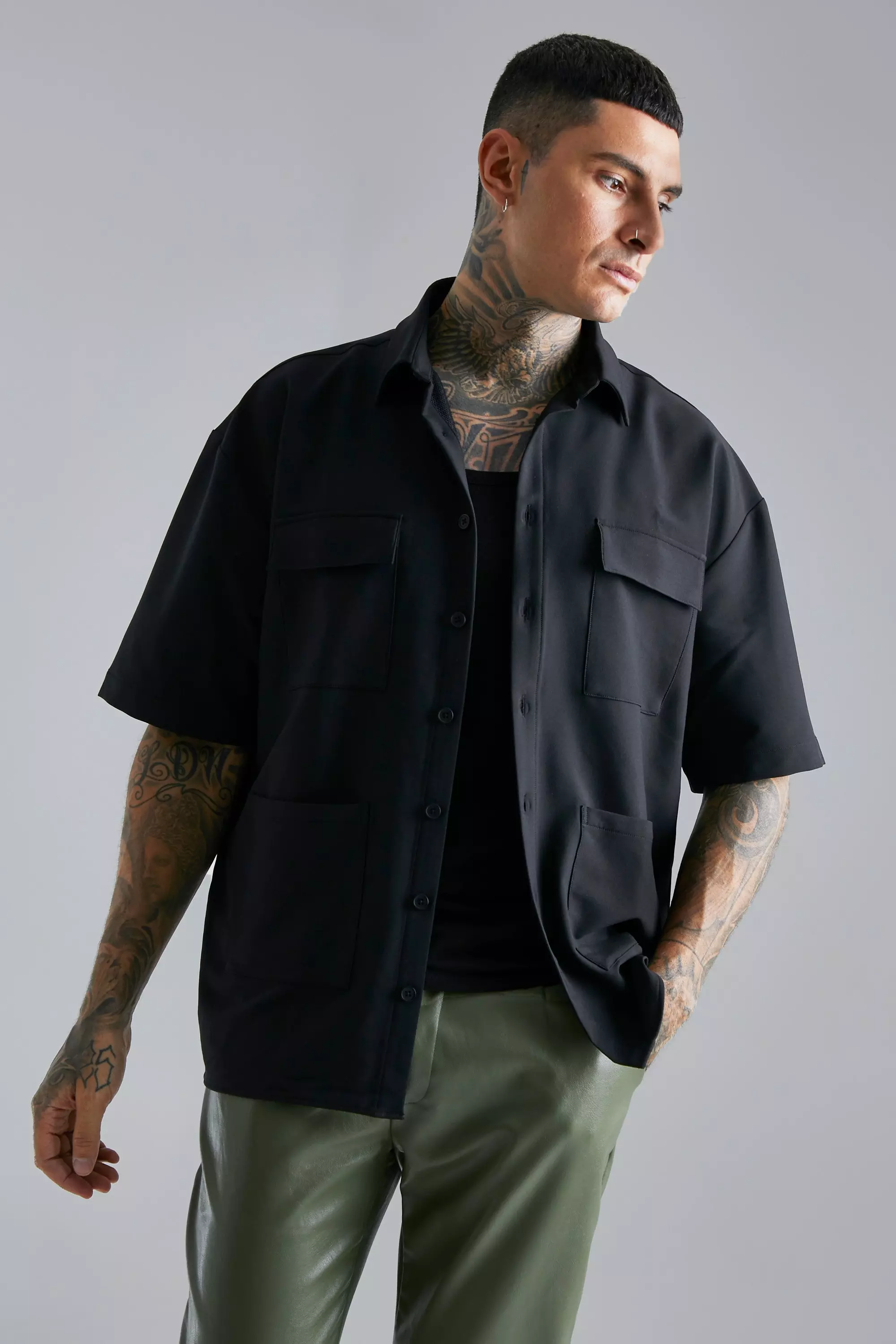 Nylon Boxy Oversized 4 Pocket Short Sleeve Overshirt boohooMAN