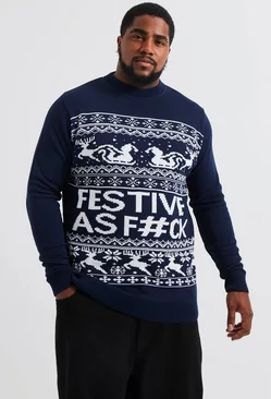 Plus Festive Slogan Christmas Sweater Navy