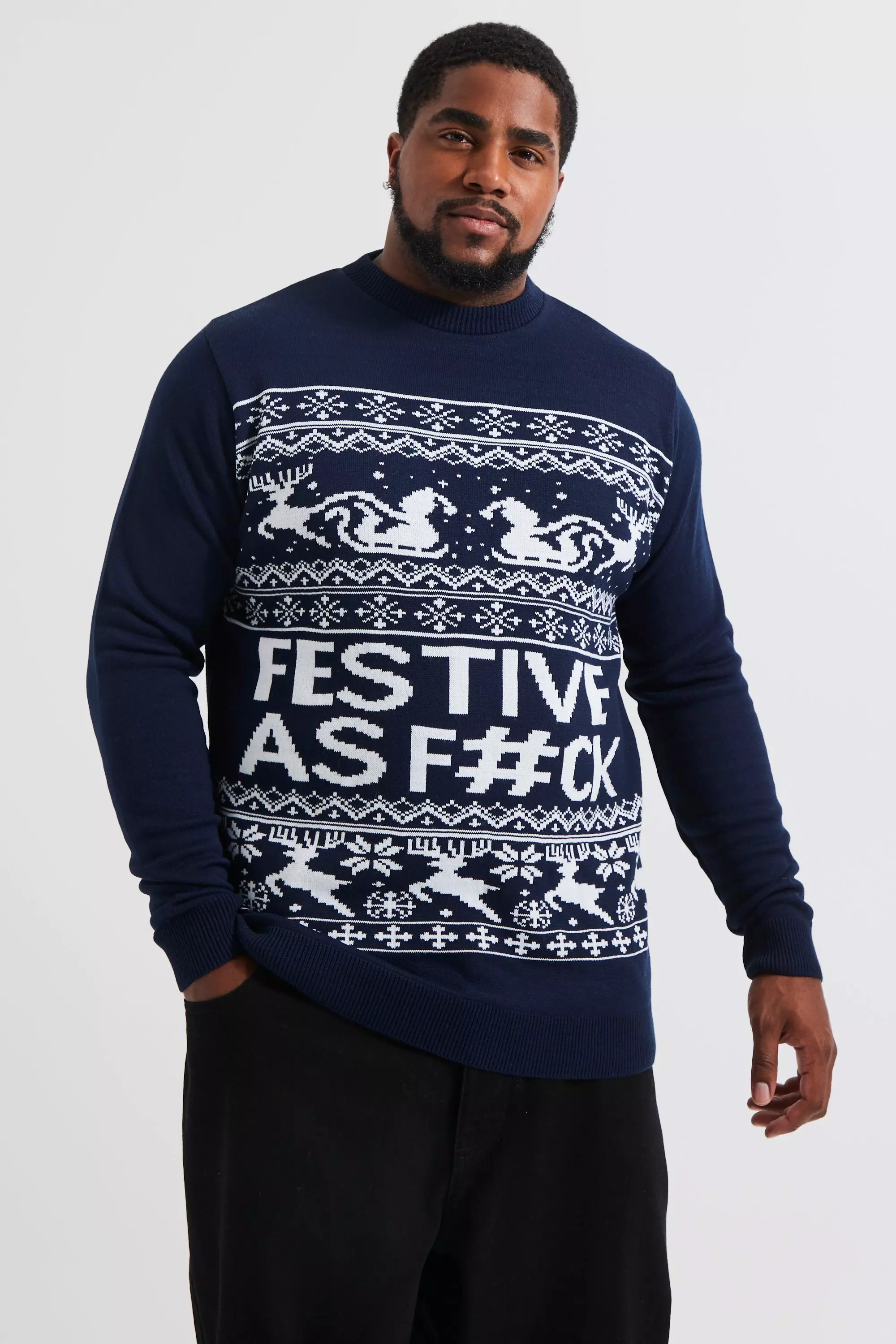 Plus Festive Slogan Christmas Sweater Navy