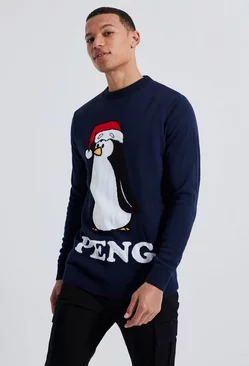 Navy Tall Peng Novelty Christmas Sweater