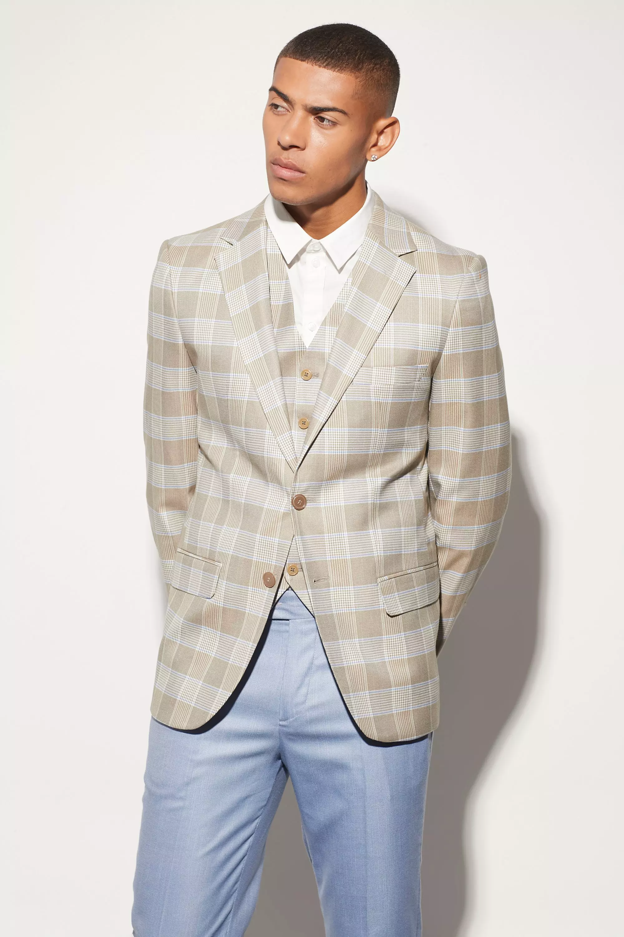 Blue Slim Single Breasted Check Suit Jacket