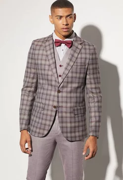 Slim Single Breasted Check Suit Jacket Red