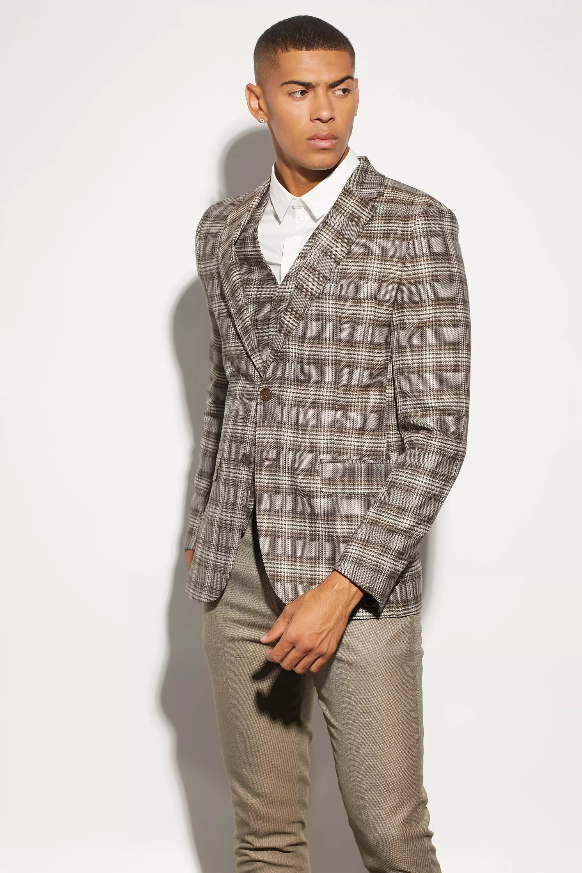 Skinny Single Breasted Check Suit Jacket Brown