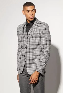 Skinny Single Breasted Check Suit Jacket Black