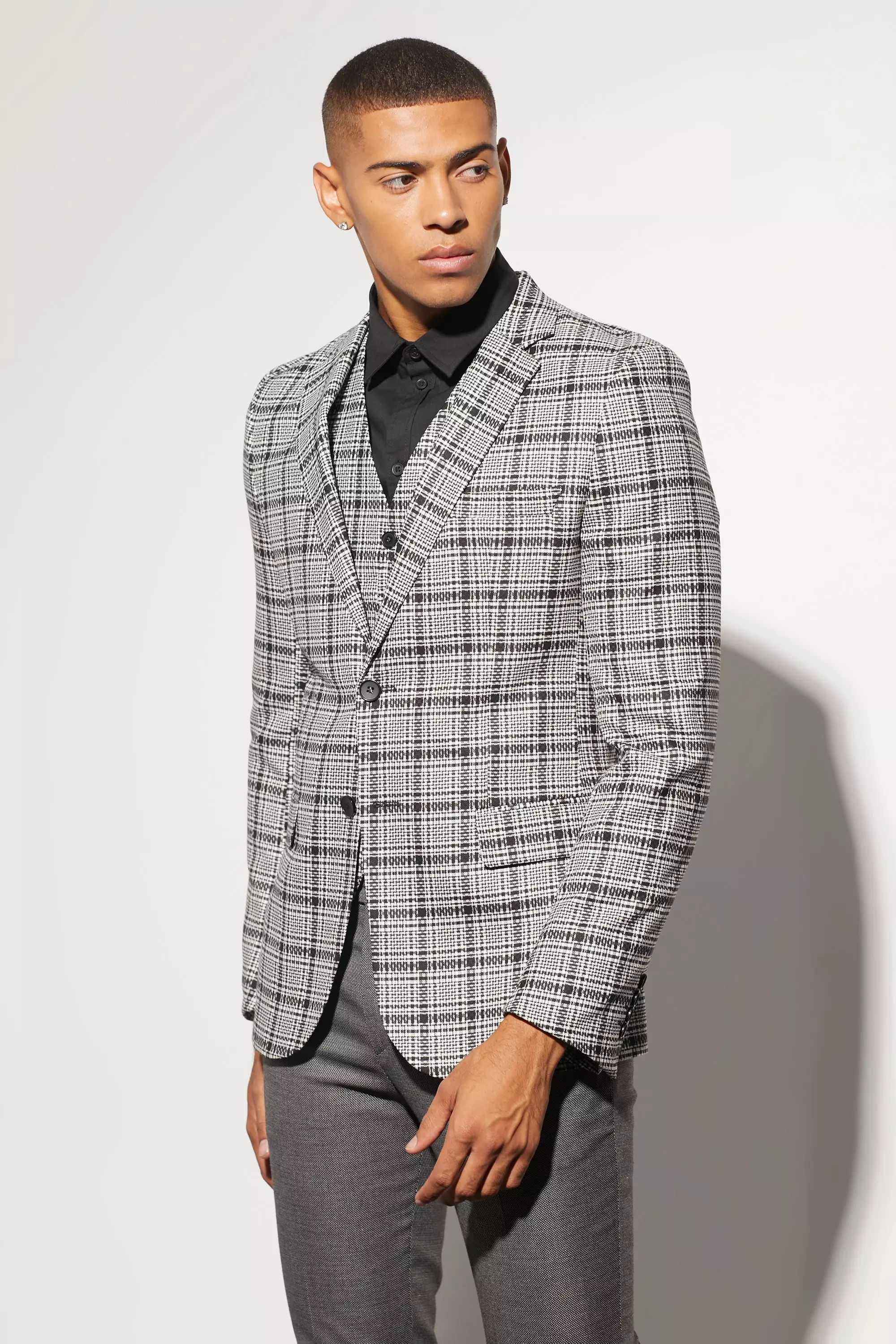 Skinny Single Breasted Check Suit Jacket Black