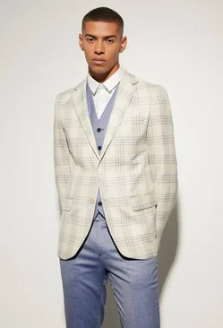 Slim Single Breasted Check Suit Jacket Blue