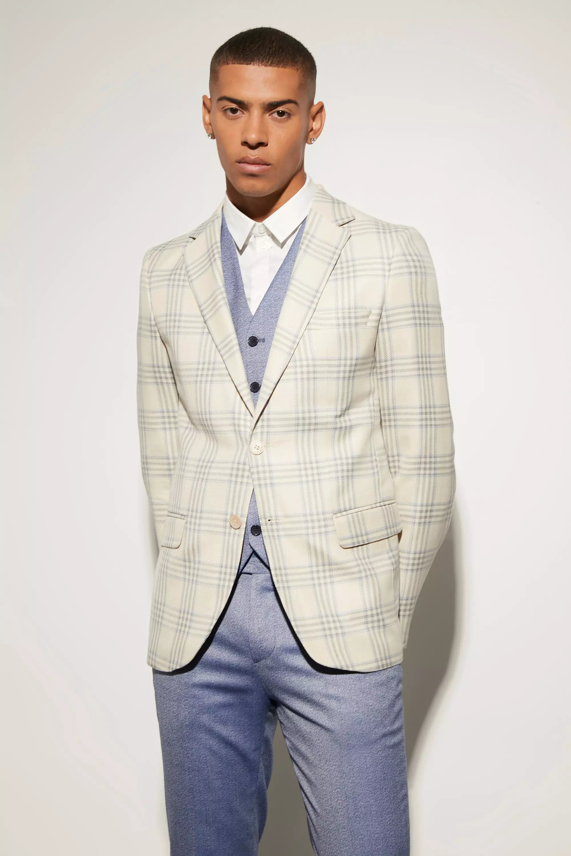 Slim Single Breasted Check Suit Jacket Blue