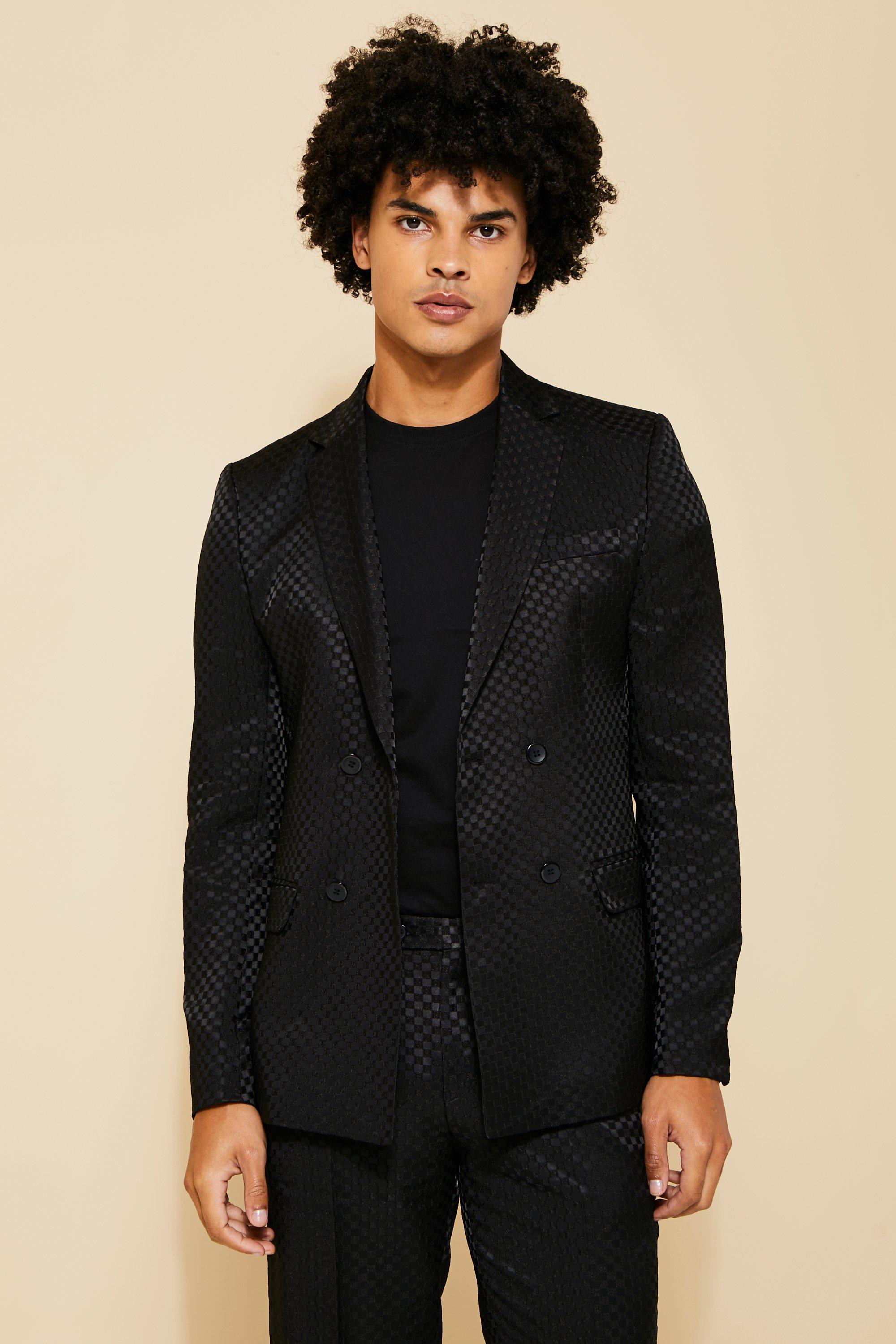 Black Jacquard Slim Fit Colbert Met Dubbele Knopen