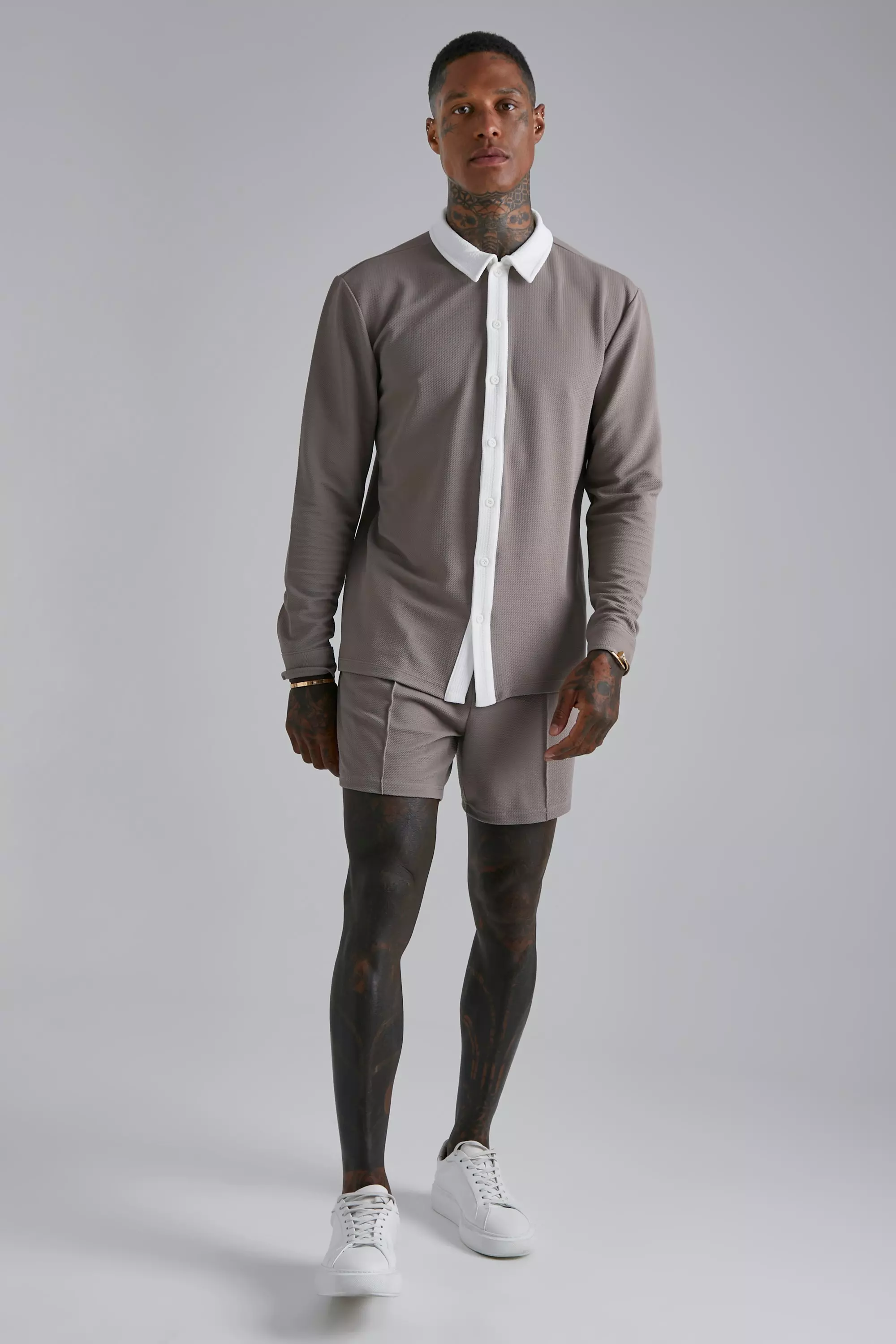Long Sleeve Jersey Textured Shirt And Short Taupe