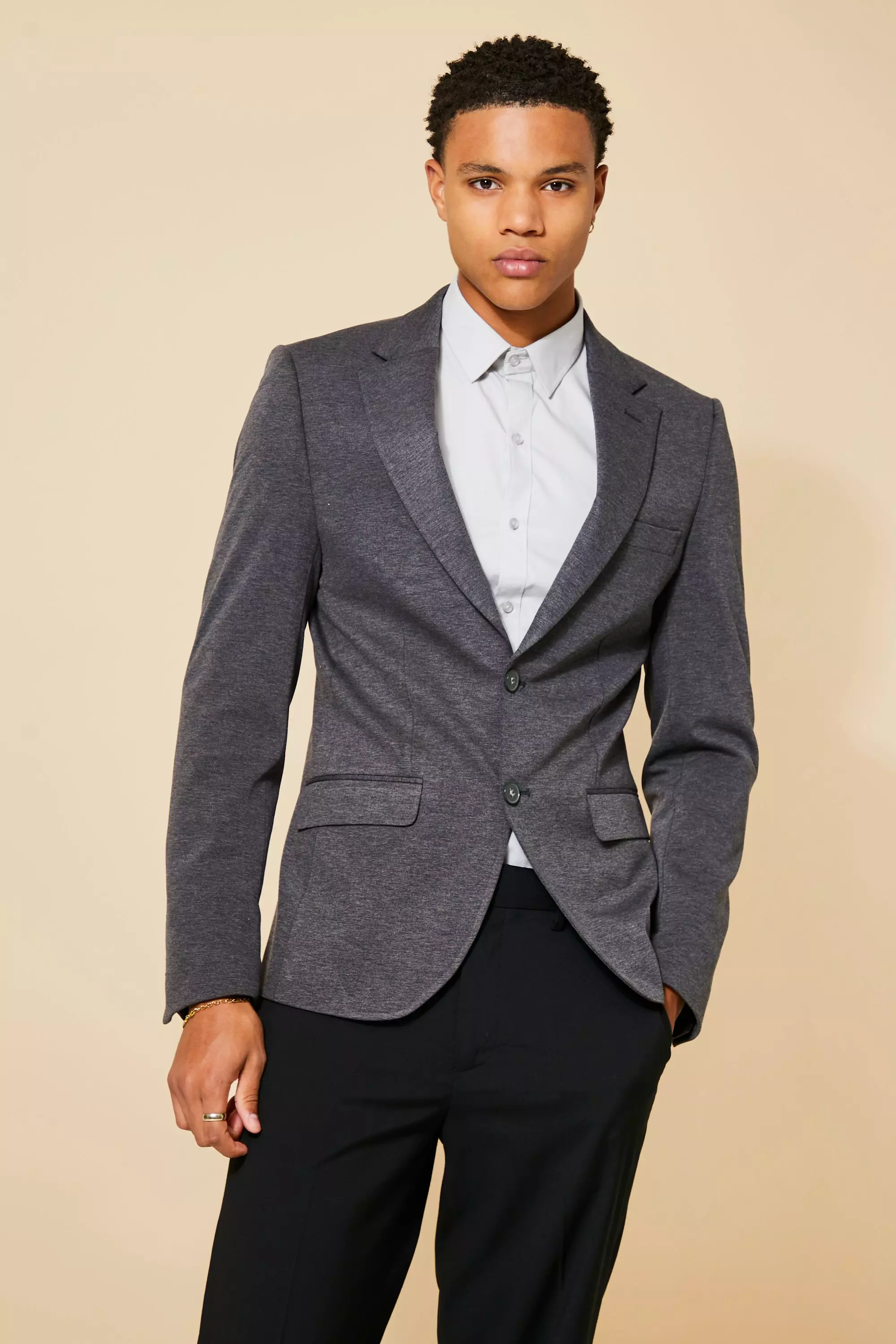 Skinny Single Breasted Jersey Blazer Charcoal