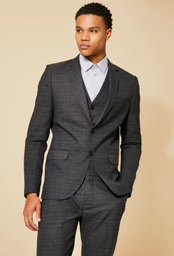 Black Slim Single Breasted Micro Check Suit Jacket