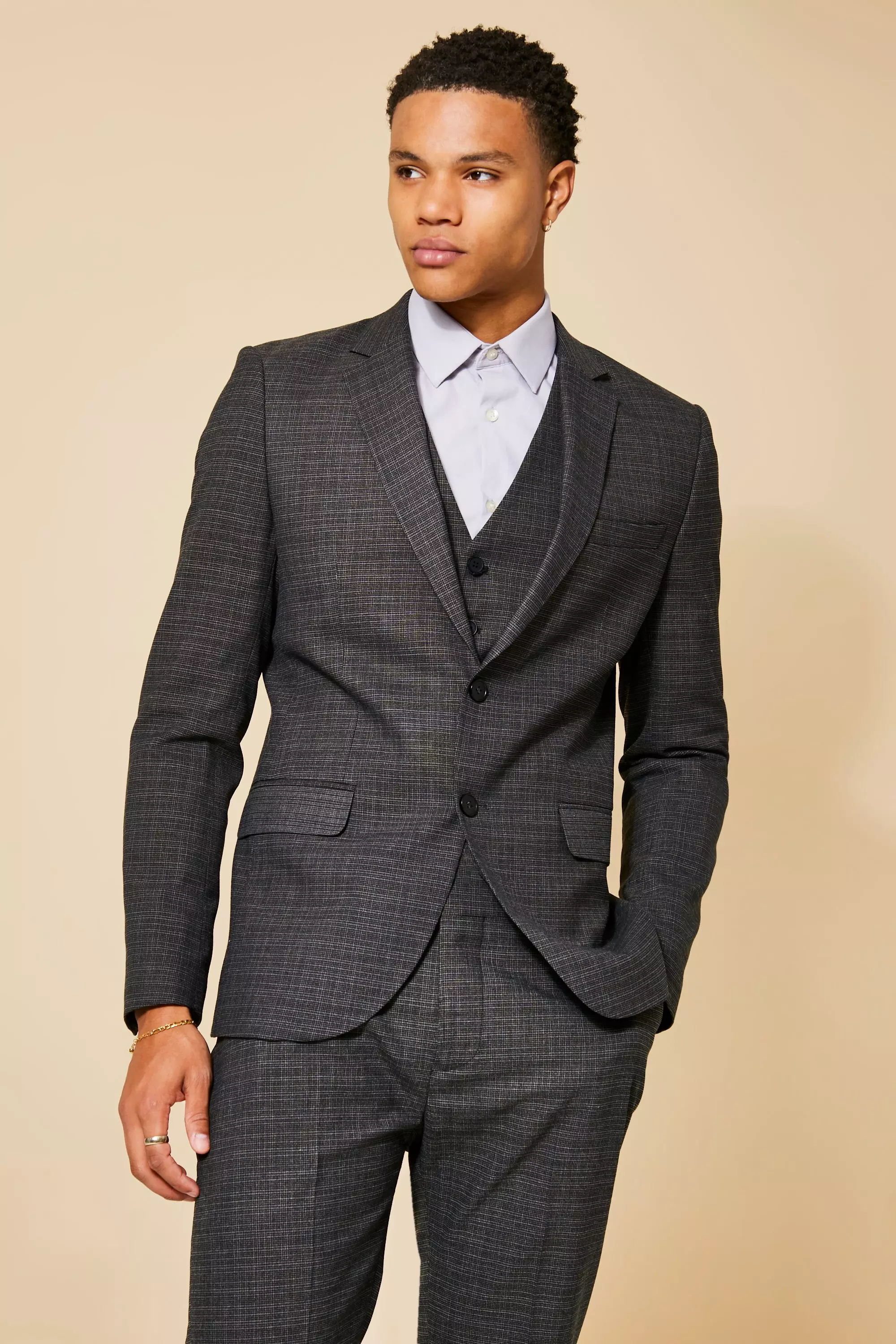 Slim Single Breasted Micro Check Suit Jacket Black