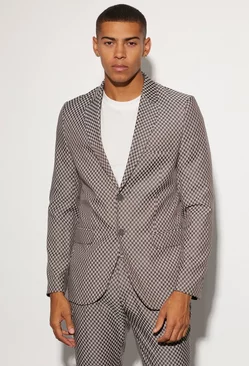 Grey Slim Single Breasted Checkerboard Suit Jacket