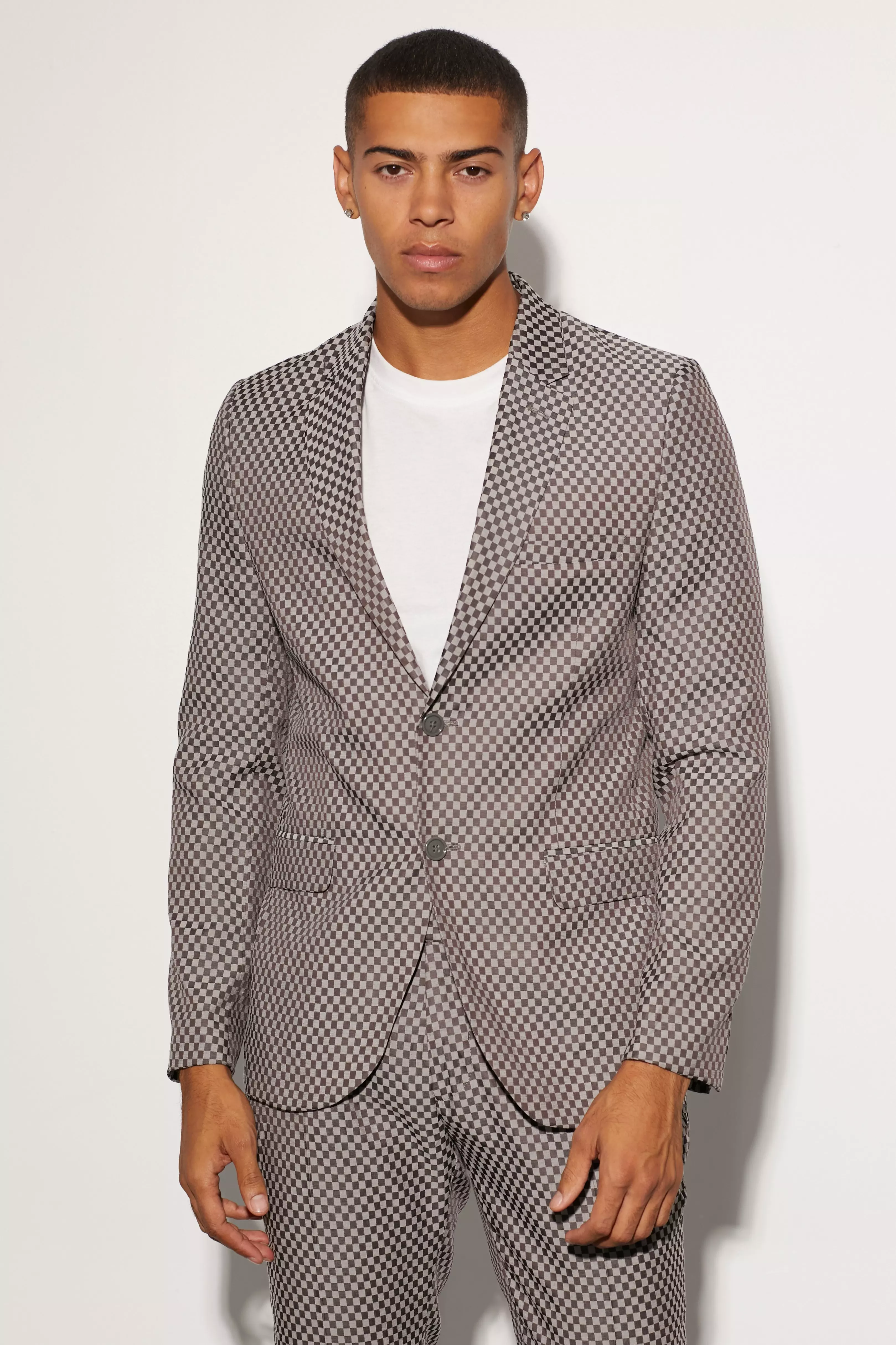 Grey Slim Single Breasted Checkerboard Suit Jacket