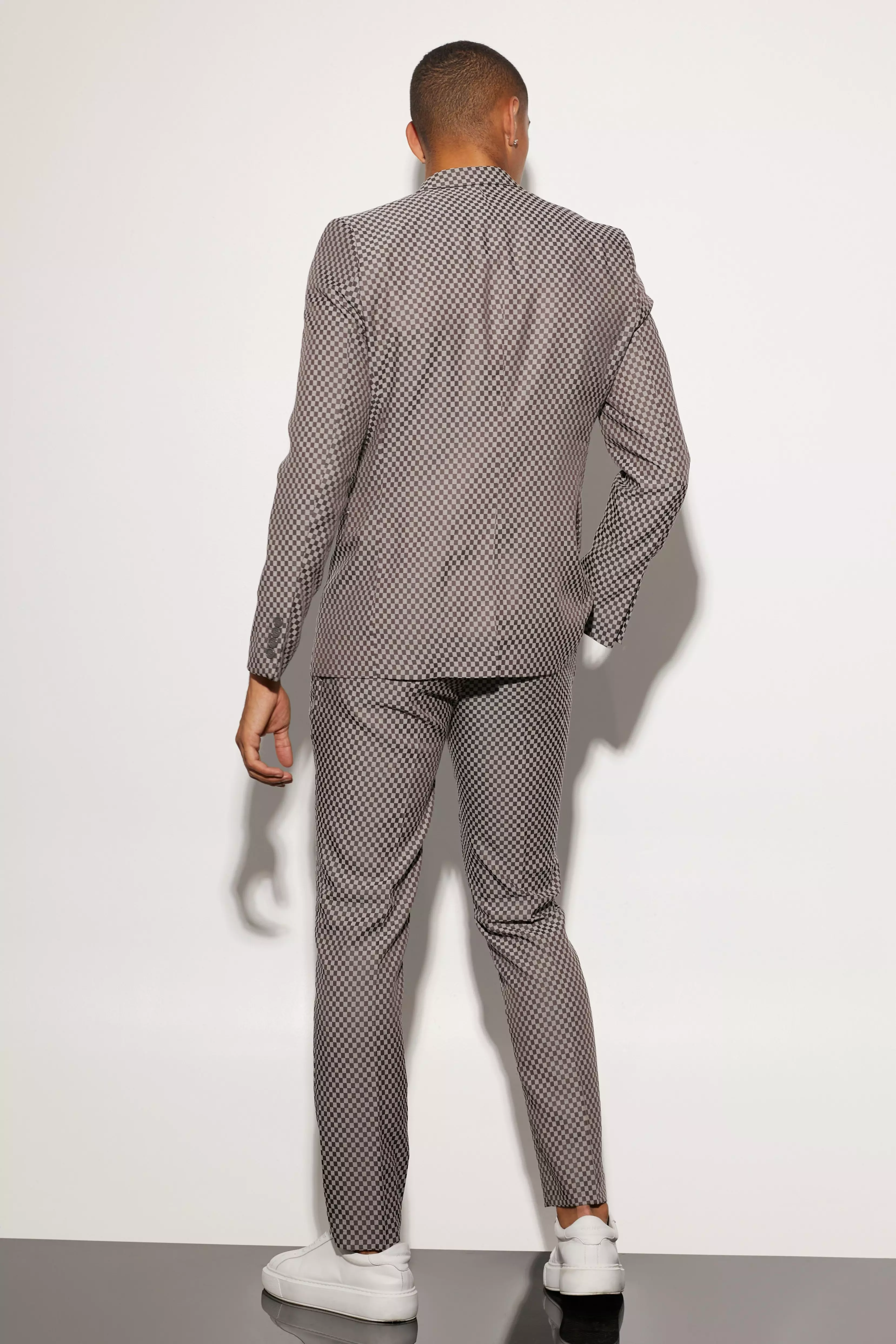 Grey Slim Single Breasted Checkerboard Suit Jacket alternative image