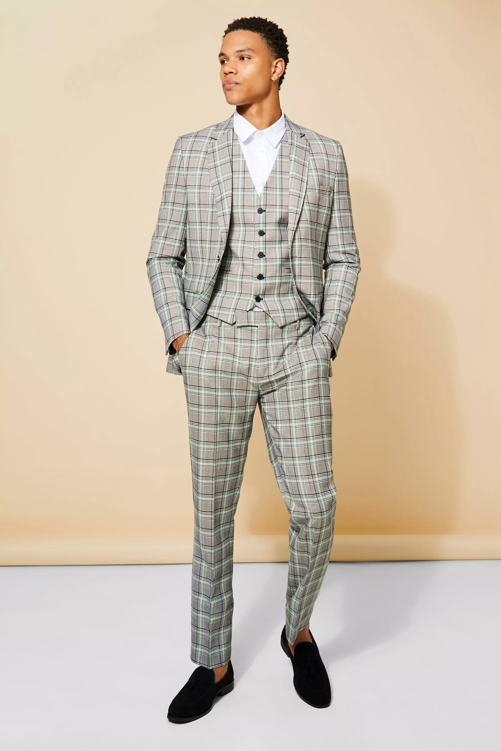 Slim Single Breasted Neon Check Suit Jacket | boohooMAN USA
