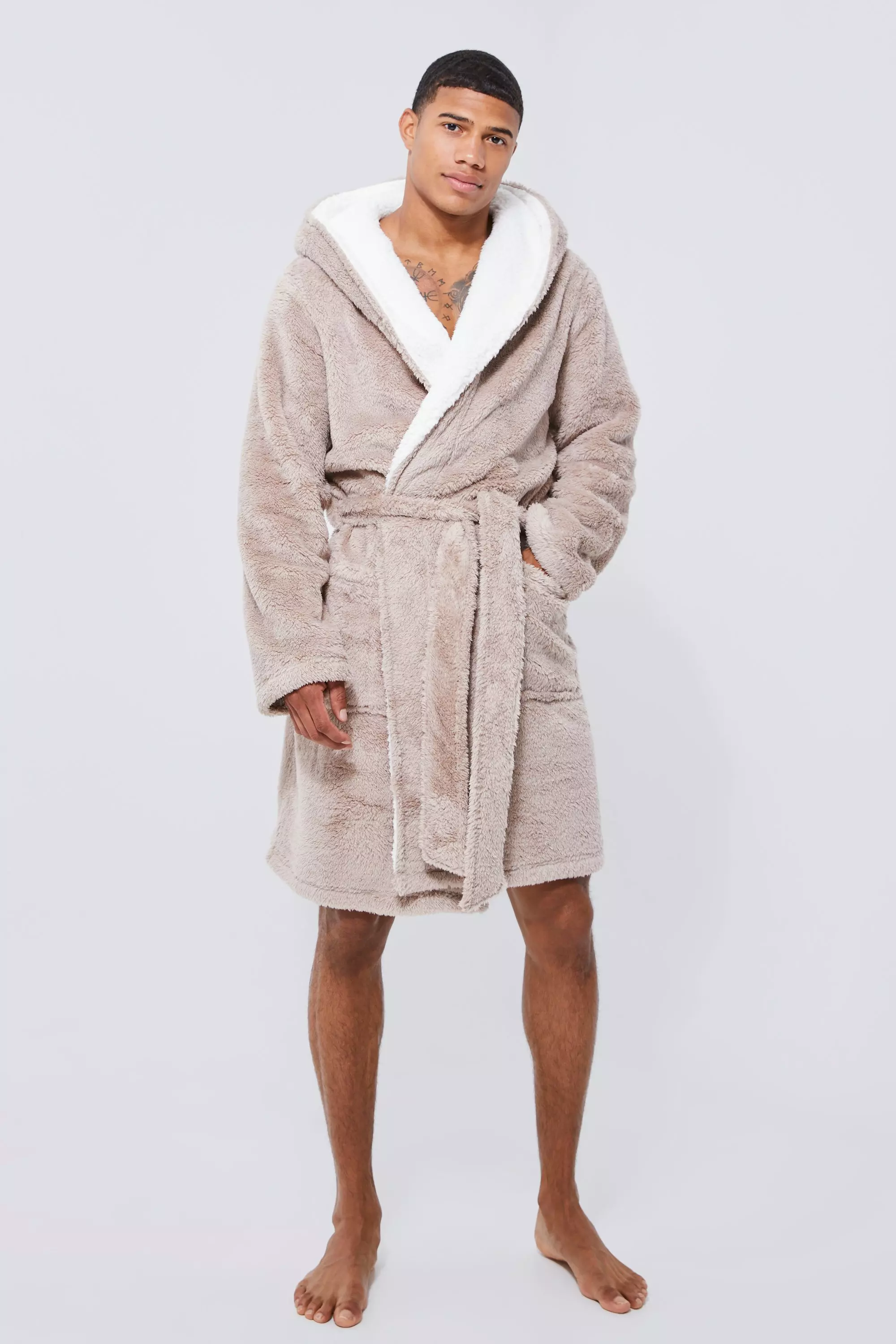 Borg Lined Hooded Dressing Gown boohooMAN USA
