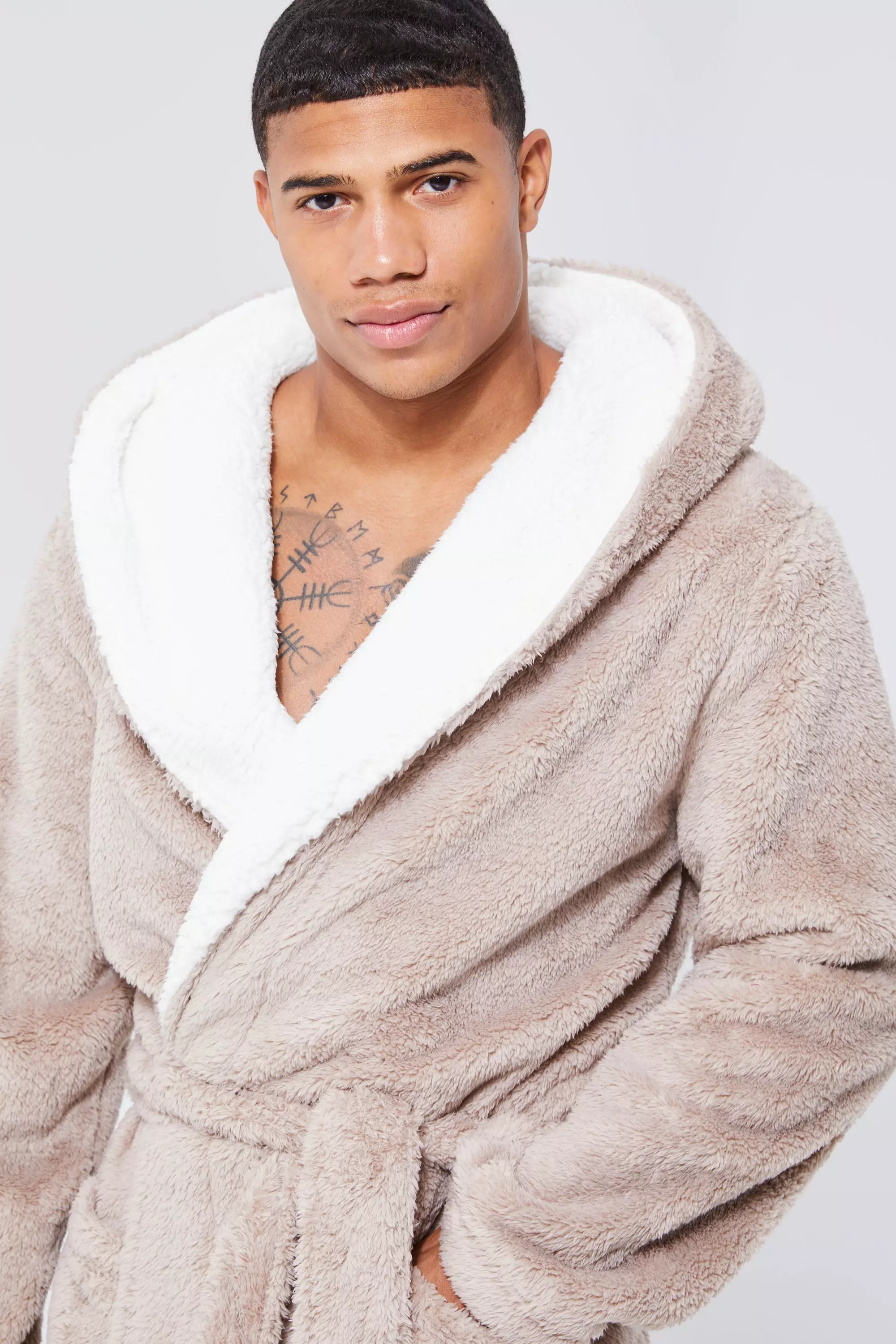 Borg Lined Hooded Dressing Gown boohooMAN UK