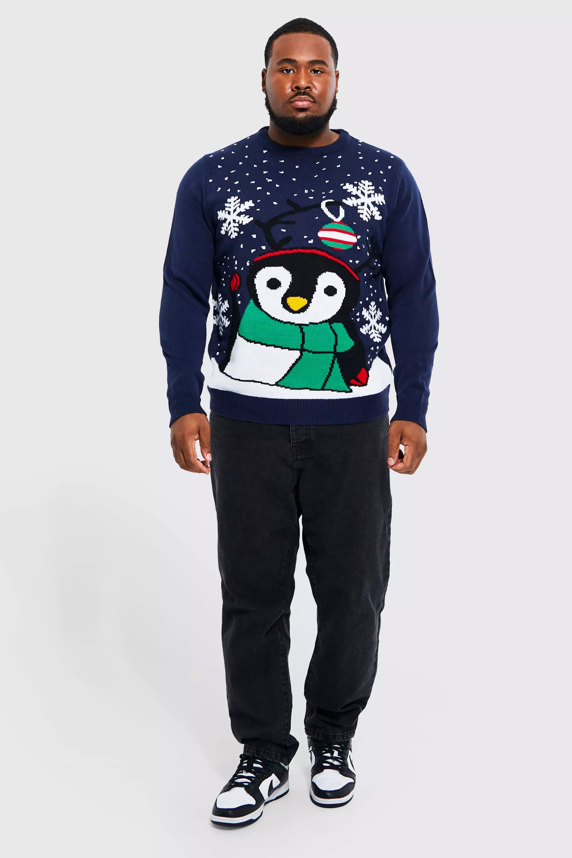 BoohooMAN Mens Plus Novelty Penguin Christmas Sweater Navy