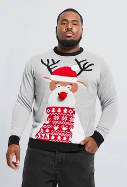 Grey Plus Reindeer Santa Hat Christmas Sweater