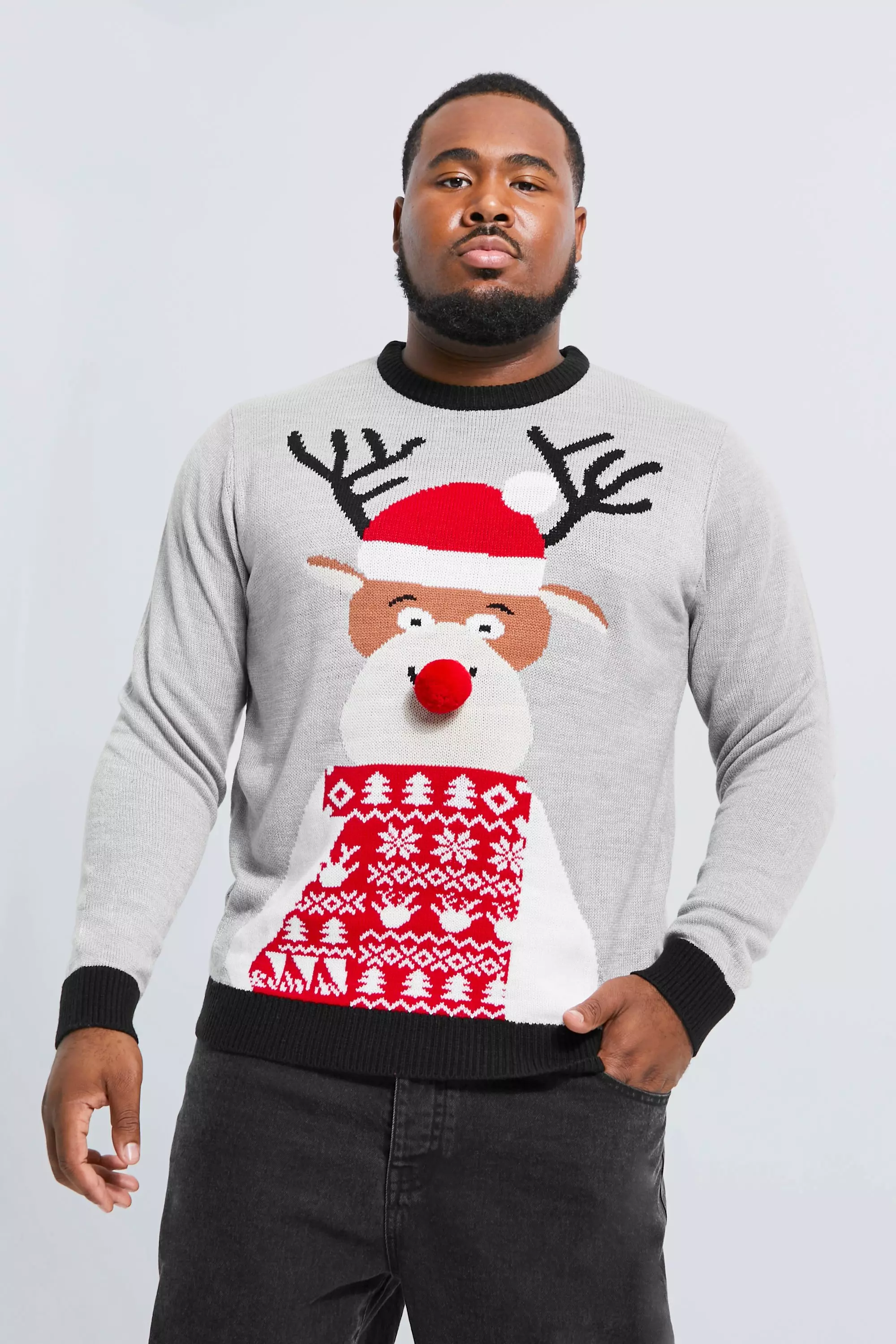 Plus Reindeer Santa Hat Christmas Sweater Grey marl