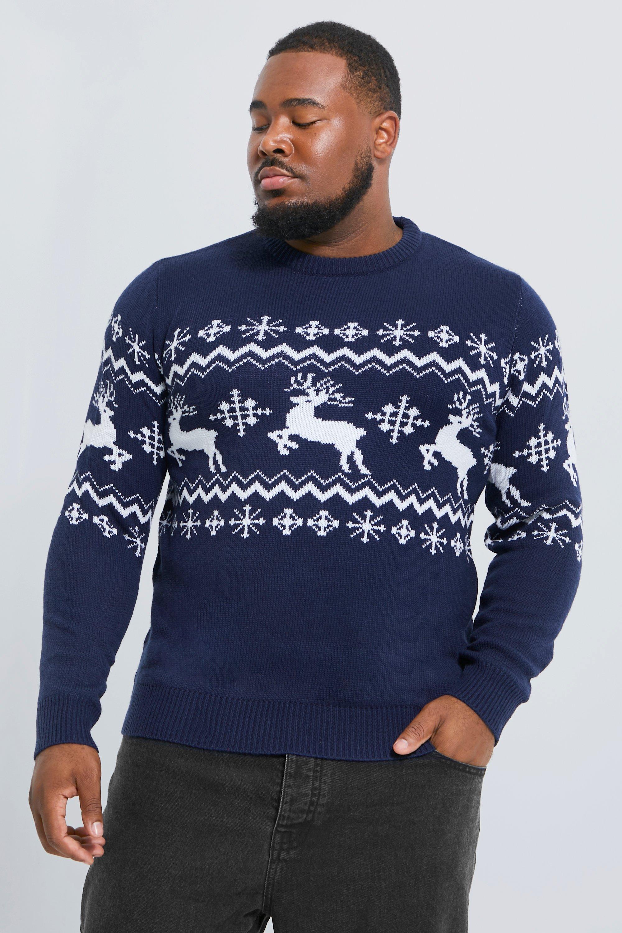 boohooMAN Mens Reindeer Fair Isle Christmas Sweater - Navy - Big & Tall