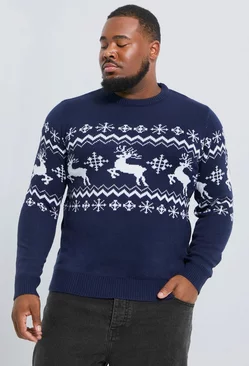 Navy Plus Reindeer Fairisle Panel Christmas Sweater
