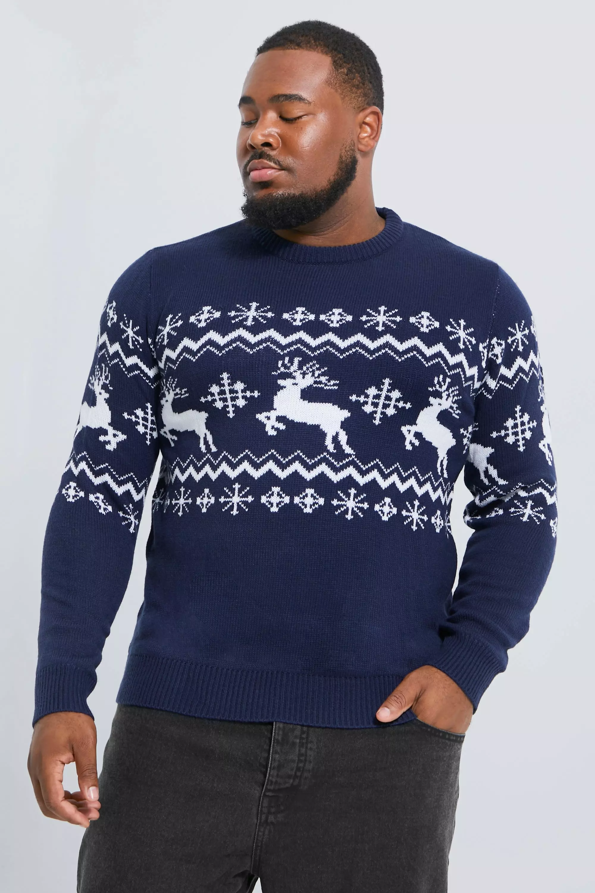 Plus Reindeer Fairisle Panel Christmas Sweater Navy