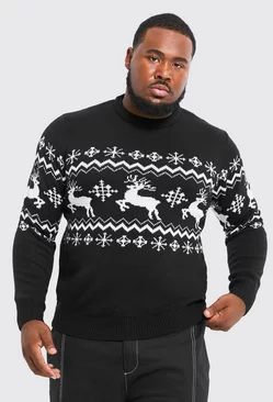 Black Plus Reindeer Fairisle Panel Christmas Sweater