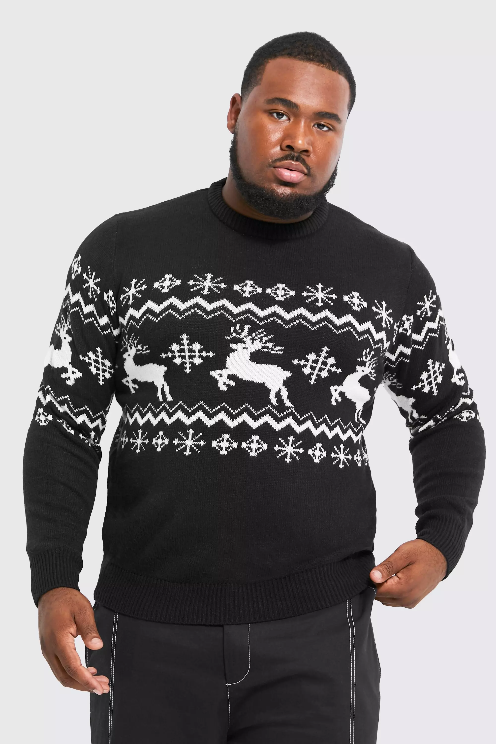 Plus Reindeer Fairisle Panel Christmas Sweater Black