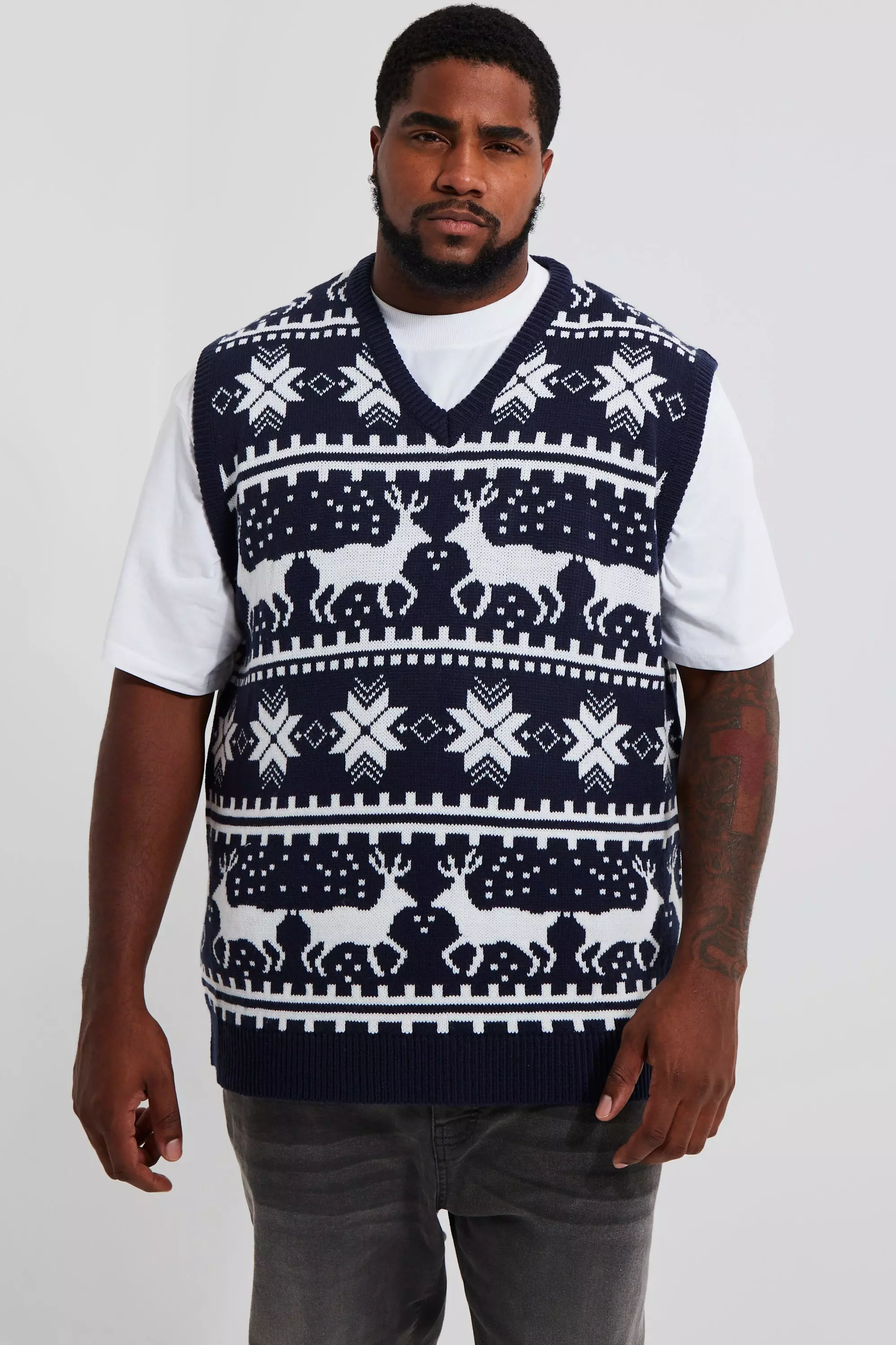 Navy Plus Reindeer Fairisle Christmas V-neck Vest