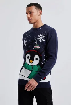 Navy Tall Novelty Penguin Christmas Sweater
