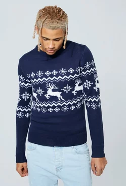 Tall Reindeer Fairisle Panel Christmas Sweater Navy