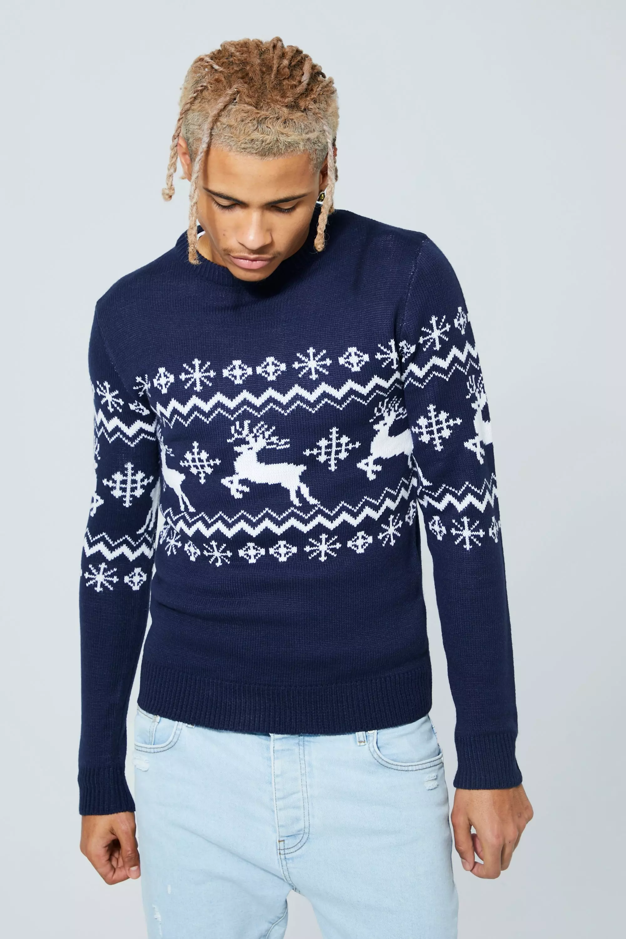 Navy Tall Reindeer Fairisle Panel Christmas Sweater