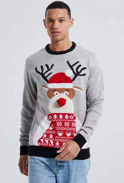 Tall Reindeer Santa Hat Christmas Sweater Grey marl