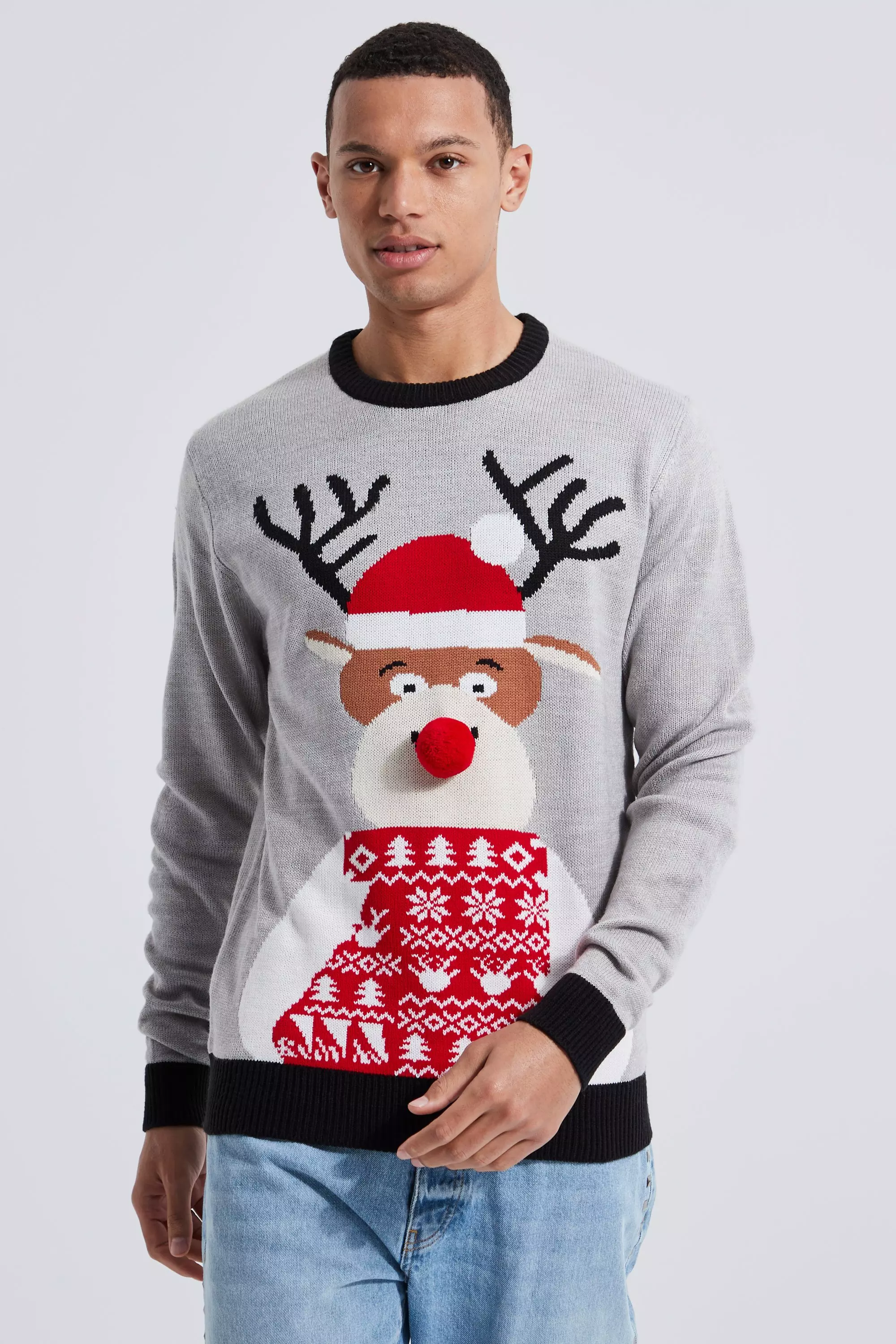 Tall Reindeer Santa Hat Christmas Sweater Grey marl