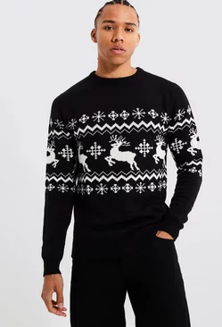 Tall Reindeer Fairisle Panel Christmas Sweater Black