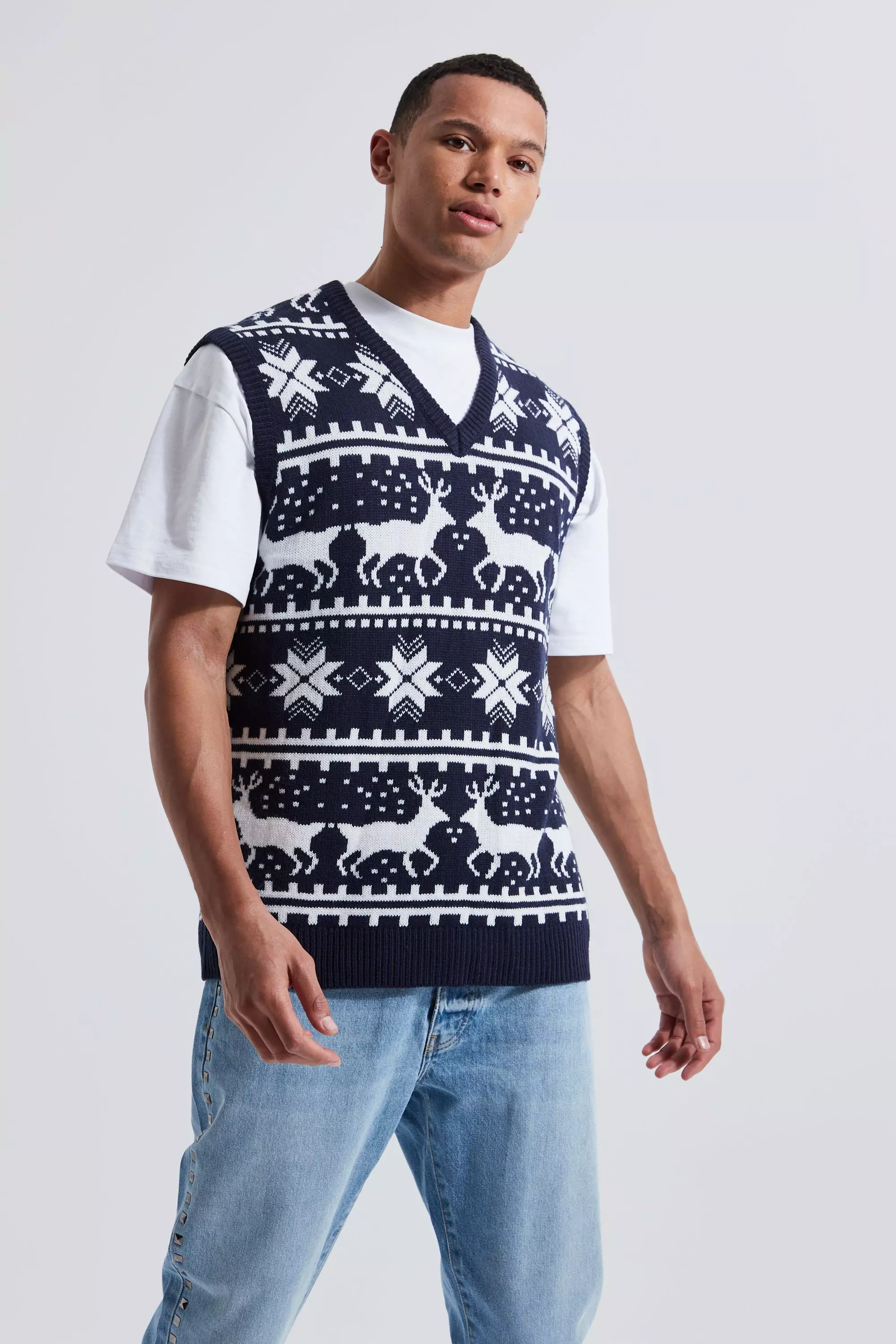 Tall Reindeer Fairisle Christmas V-neck Vest Navy