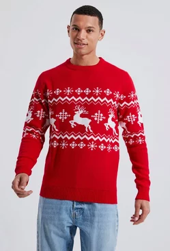 Red Tall Reindeer Fairisle Panel Christmas Sweater