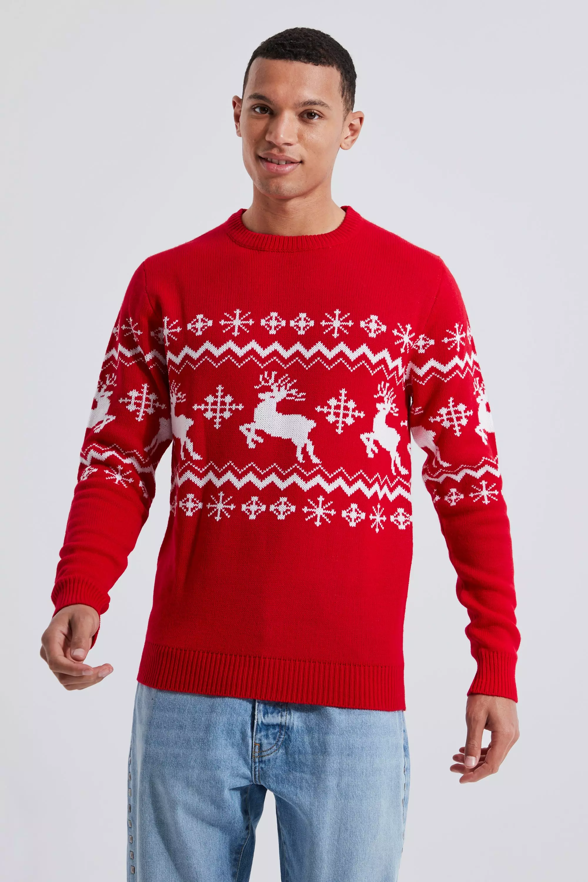 Tall Reindeer Fairisle Panel Christmas Sweater Red