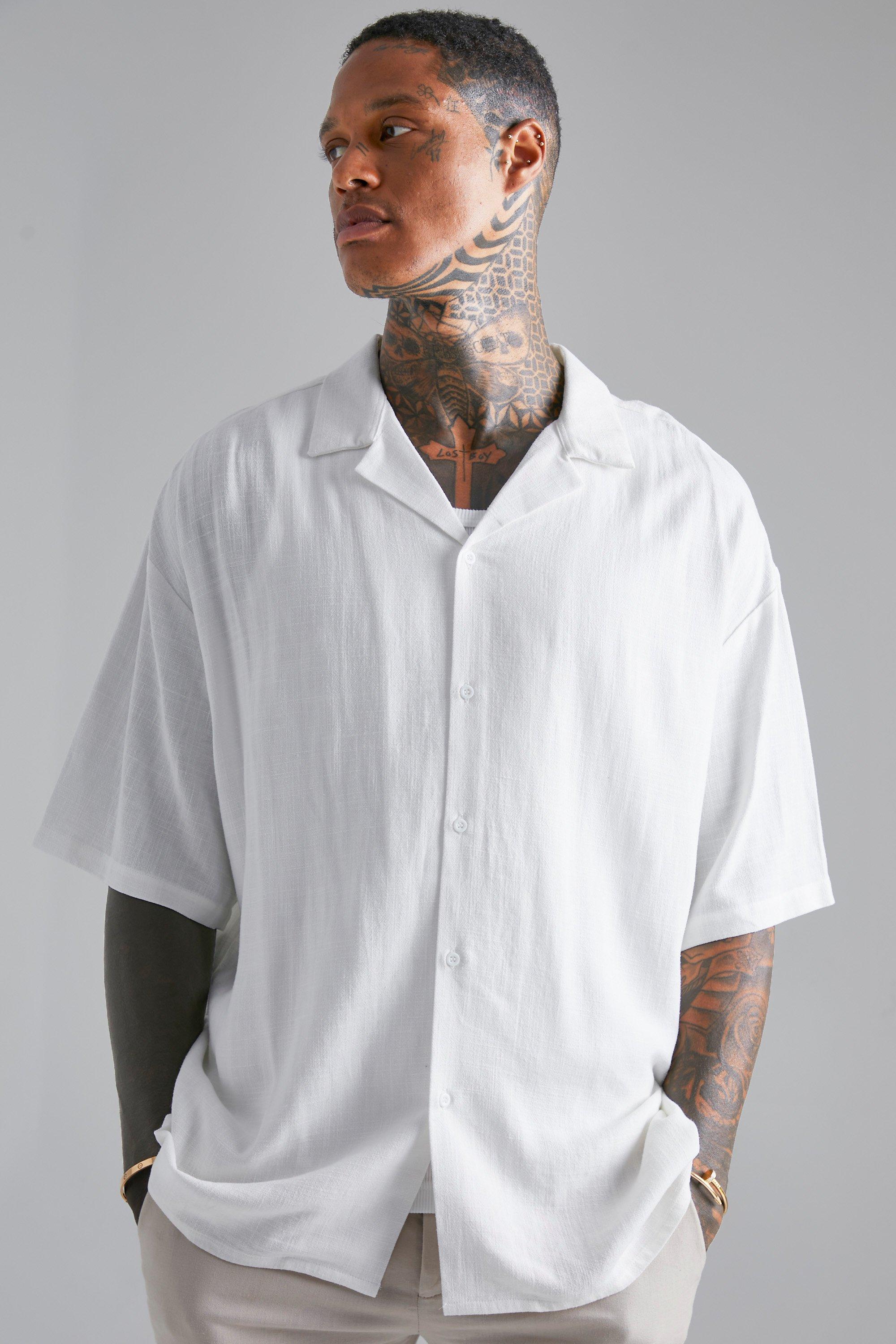 Boxy Oversize Short Sleeve Revere Linen Shirt boohooMAN