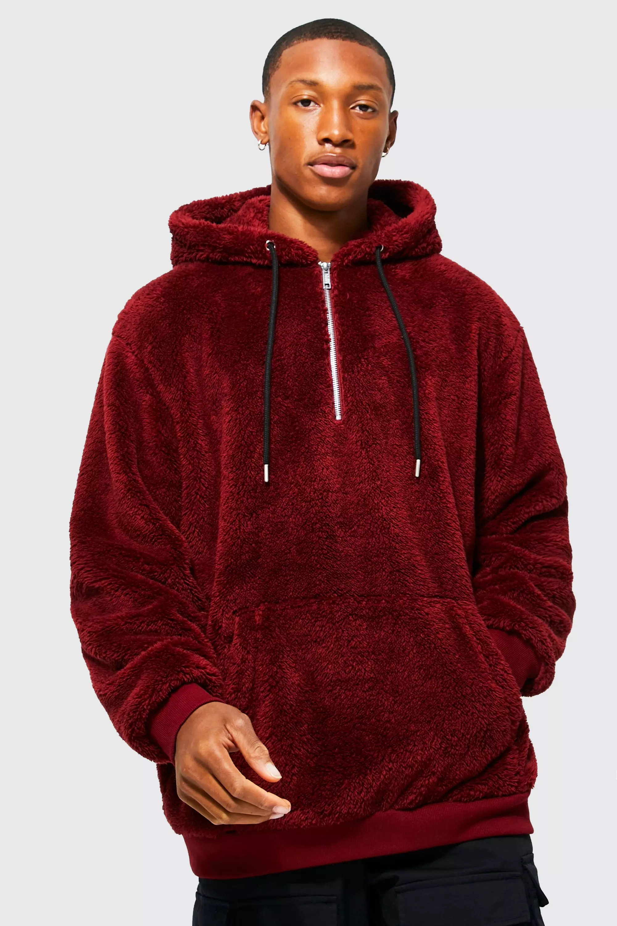 Oversized Half Zip Neck Borg Hoodie boohooMAN IE
