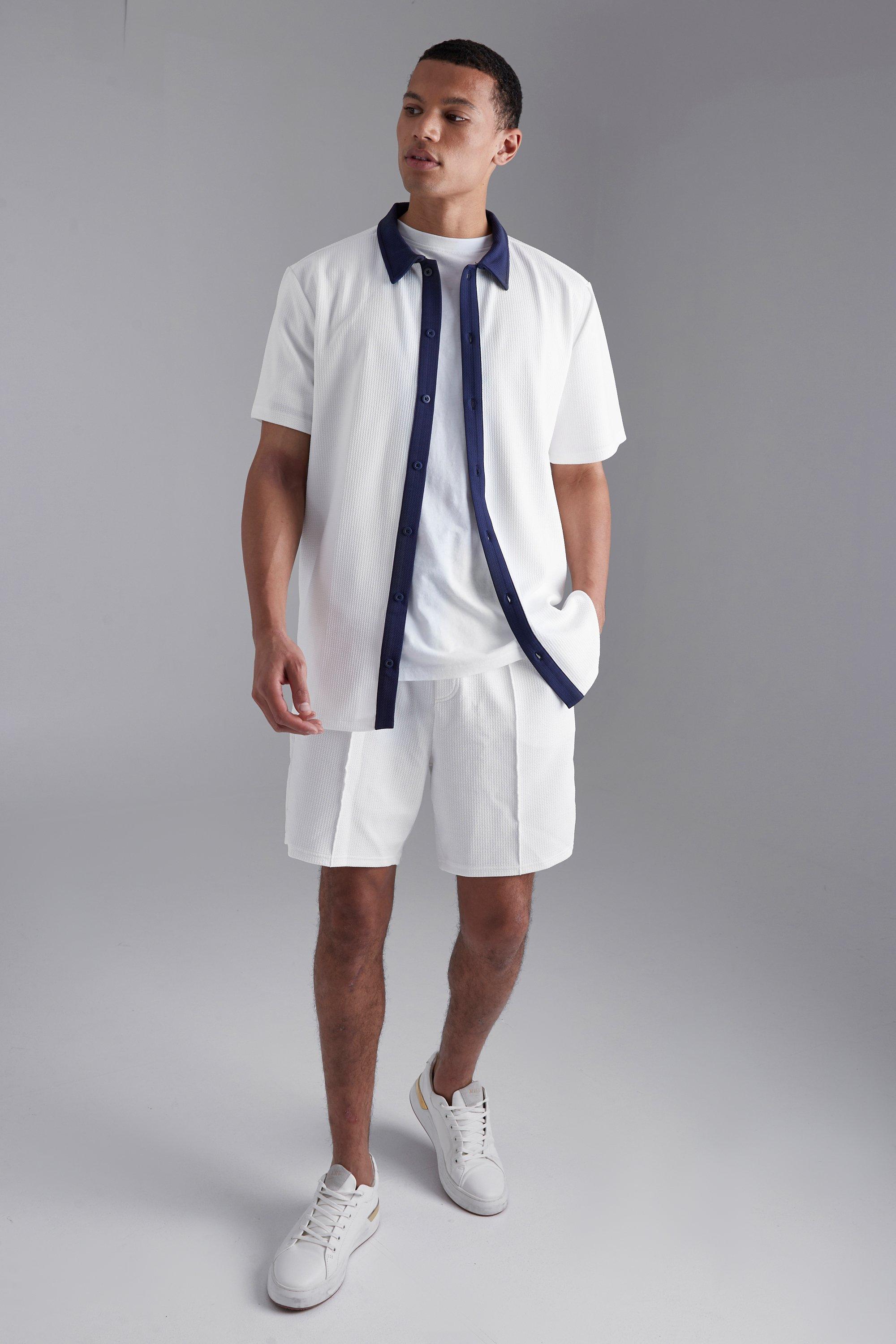 boohoo Mens Tall Jersey Textured Shirt and Short Set - Cream S