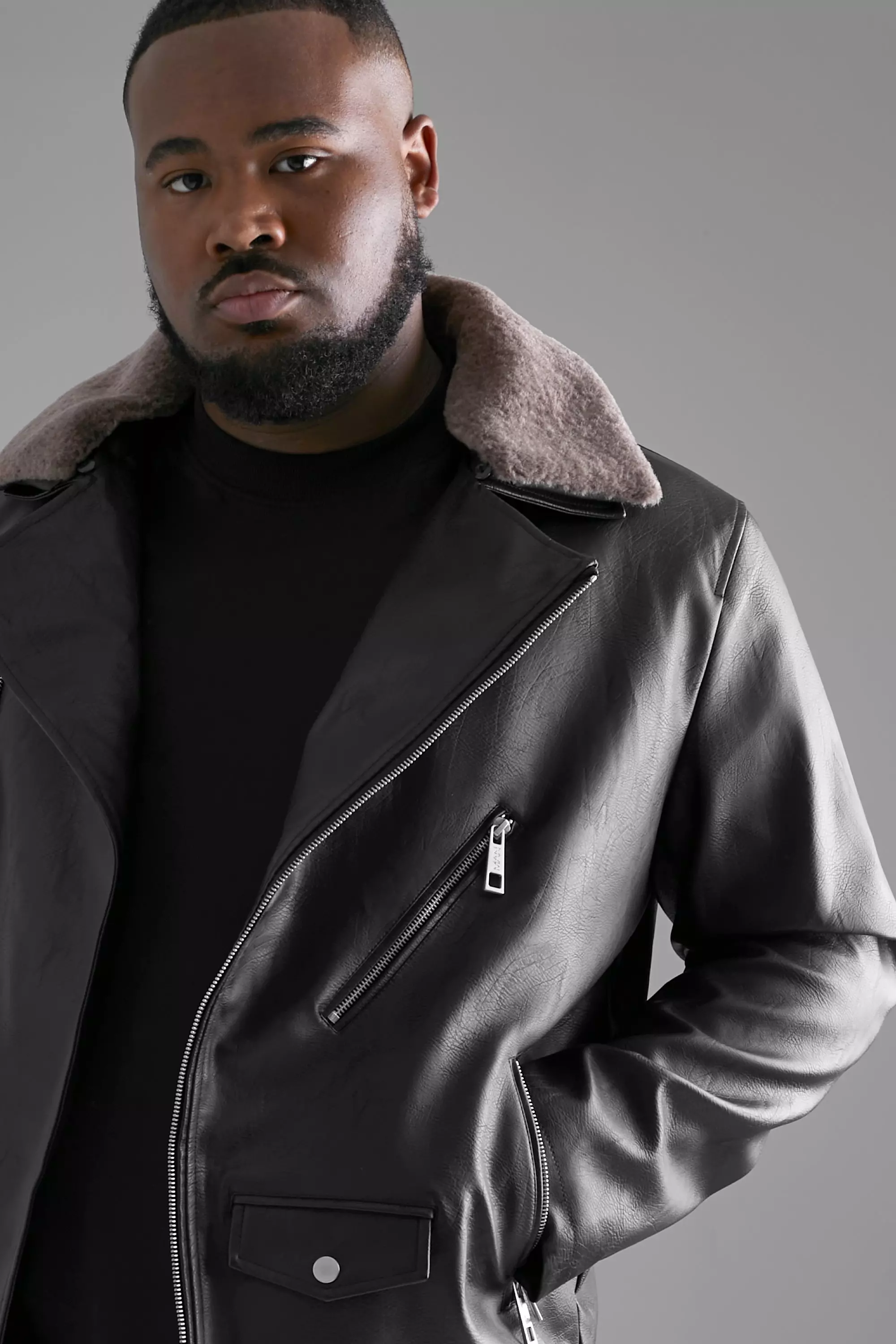 Grande taille Veste biker a col en fausse fourrure boohooMAN FR