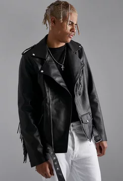 Black Tall Faux Leather Biker Jacket With Fringe